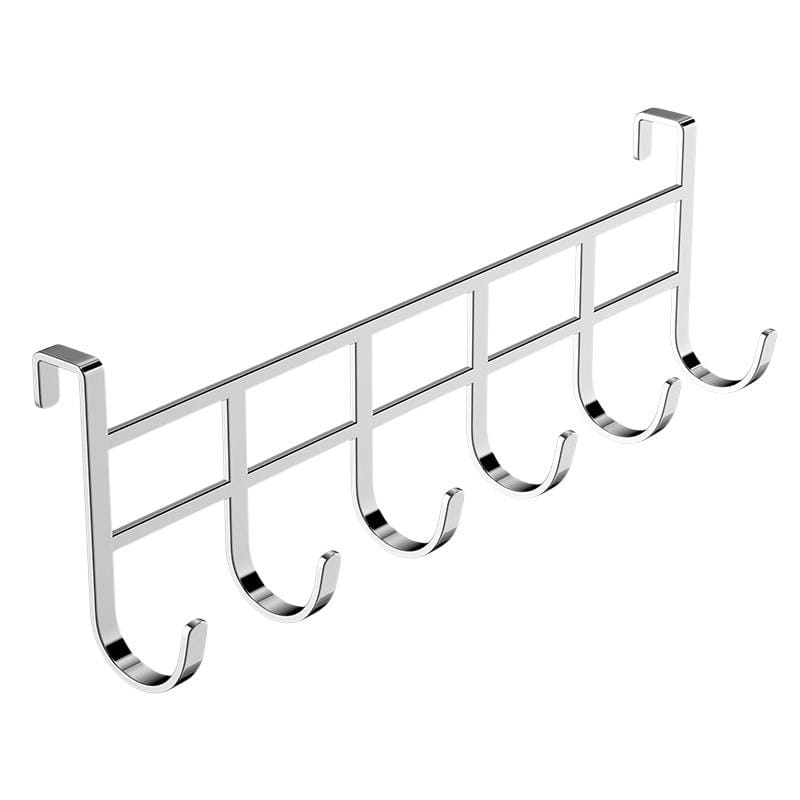 Shiny chrome-finished over-the-door hook rack made of all-metal hooks with five evenly spaced hooks for convenient hanging.