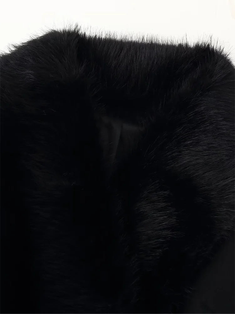 HH Winter Women Elegant Fur Collar Pockets Woolen Long Coat Female Temperament Warm Lapel Long Sleeve Double-breasted Belt Jacke