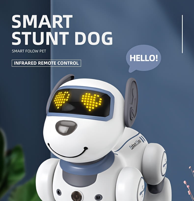 white and gray remote control robotic dog toy with glowing yellow heart-shaped eyes, smiling face design, and rechargeable battery feature.