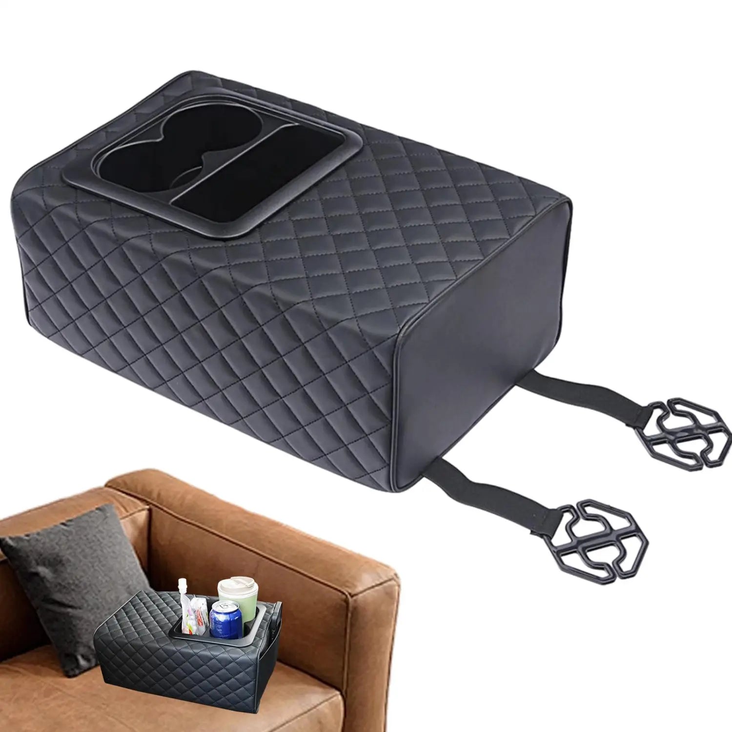 Organizador negro acolchado para consola de automóvil con espuma viscoelástica, dos portavasos y correas ajustables para una colocación segura
