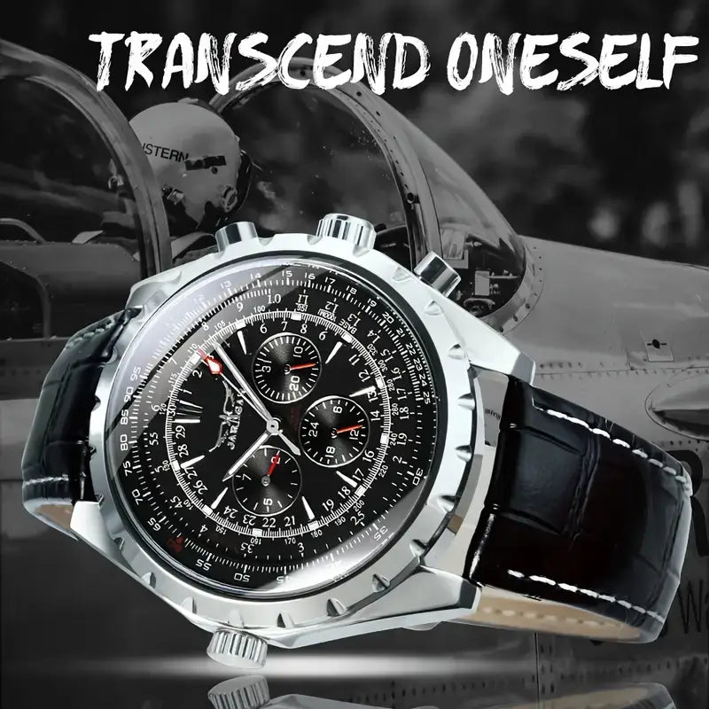 Mechanical stainless steel men’s chronograph watch with a silver-toned case, black dial featuring three sub-dials, and a black leather strap with white stitching.