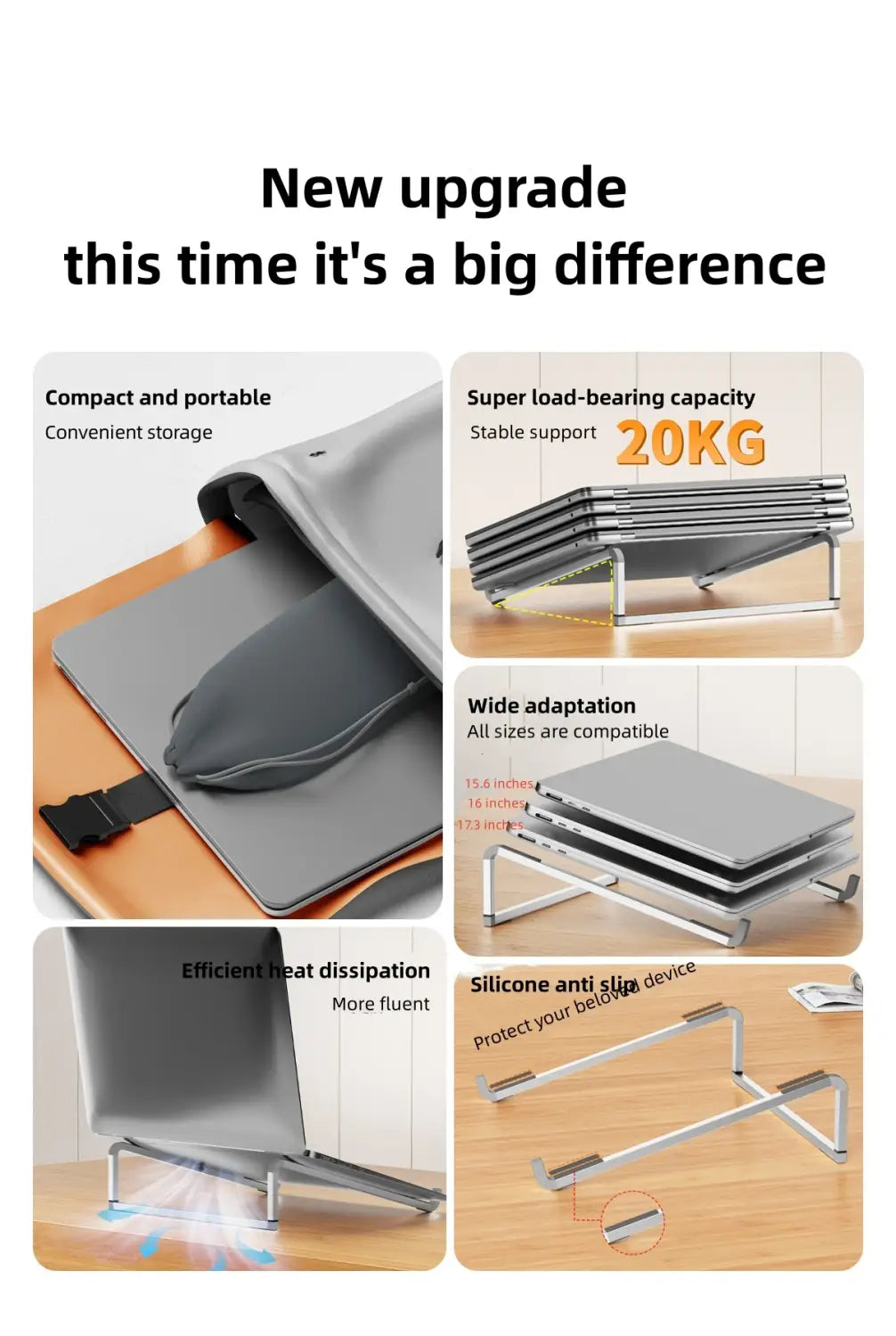 soporte ajustable para portátil de aluminio en acabado metálico plateado, con diseño minimalista elegante y patas antideslizantes de silicona para un uso ergonómico y plegable.