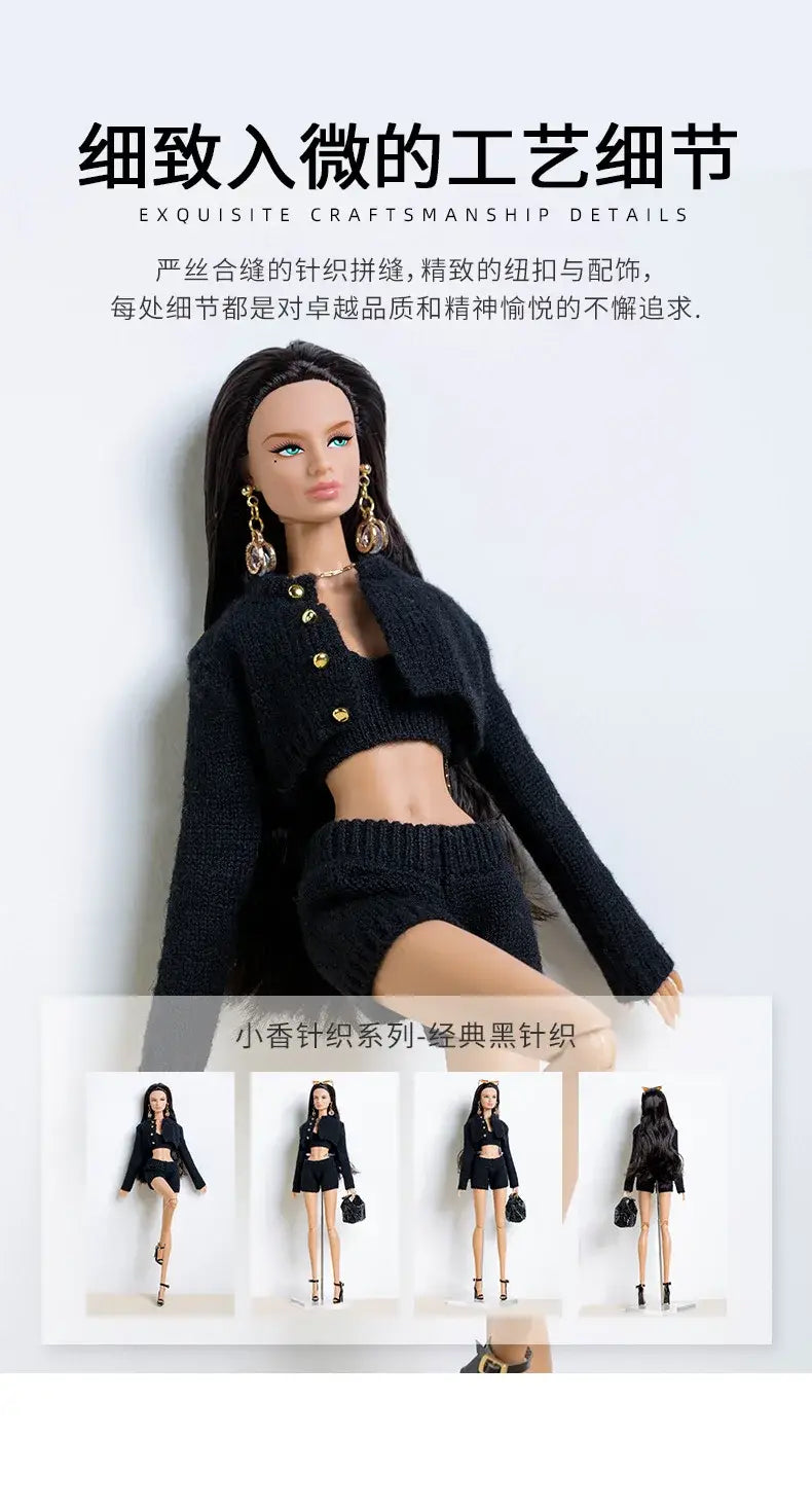 黒いニットのカーディガン（ゴールドのボタン付き）と、合わせの黒いニットスカートが、1／6スケール人形用黒いレザー製ベレー帽および衣装一式に含まれています。