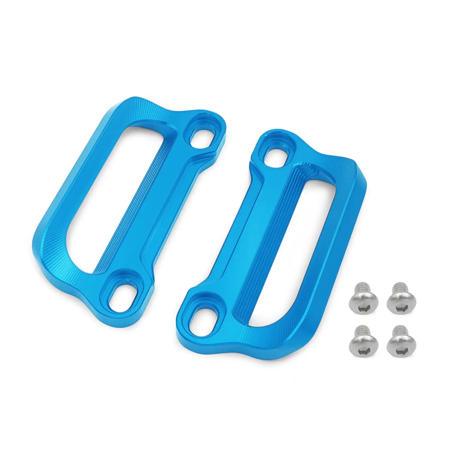 Leuchtend blaue, strukturierte Motorradlenkergriffe aus Aluminium mit gerippter Oberfläche und passenden silbernen Schrauben für Cfmoto 675srr CNC-Gepäckträgergriffe für den Soziusbetrieb.