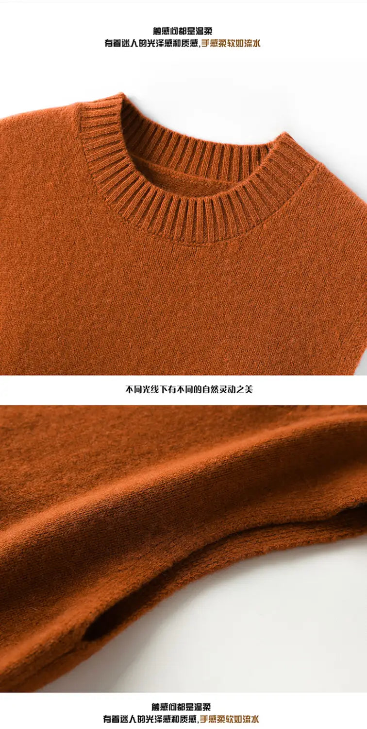 A warm rust-colored women wool knit vest crew neck casual sweater made of soft ribbed-knit fabric with textured detailing.