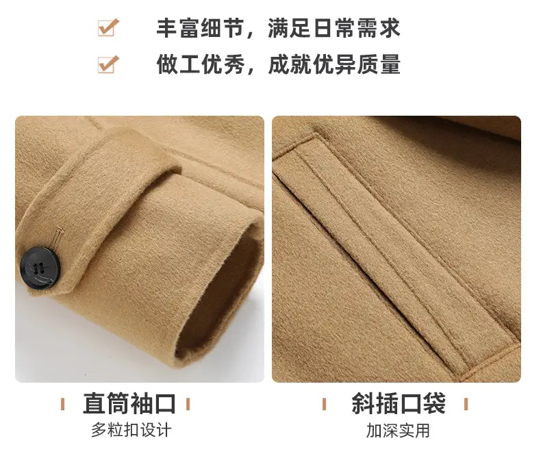 Herren-Langwollmantel als Winterjacke aus beiger Wolle mit geradem Ärmelabschluss mit mehreren Knöpfen und einer schräg verlaufenden Tasche für zusätzliche Zweckmäßigkeit.