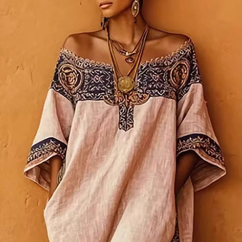 Ethnic Sexy Off Shoulder Hollow Out Long Dress Woman Spring Geometric Print Pocket Loose Maxi Dress Summer Casual Vacation Dress