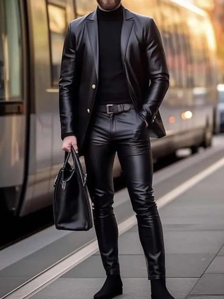 Veste de blazer en cuir synthétique noir avec boutons dorés et fermeture à boutons, mettant en avant la matière de qualité supérieure et l’orientation vers le service à la clientèle.