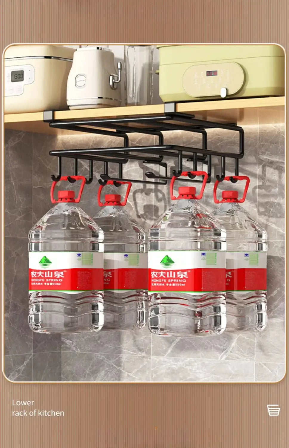 black metal under shelf basket storage rack with red plastic hooks holding clear water bottles for cabinet organization