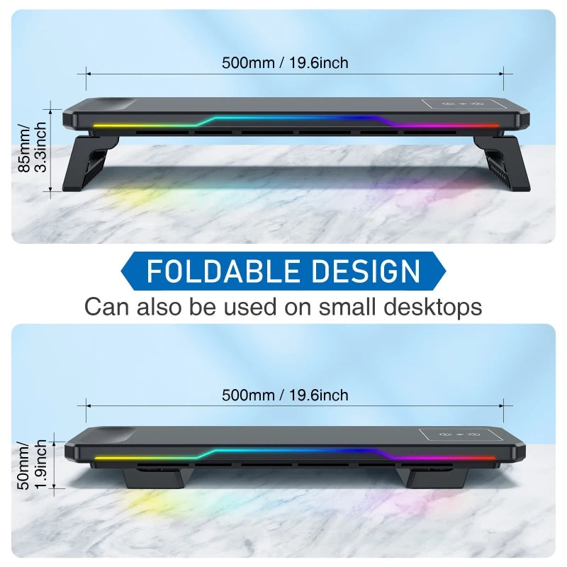 Wireless Charging Computer Stand with RGB Light Monitor Stand Office Docking Station Multifunctional Foldable Desktop Organizer