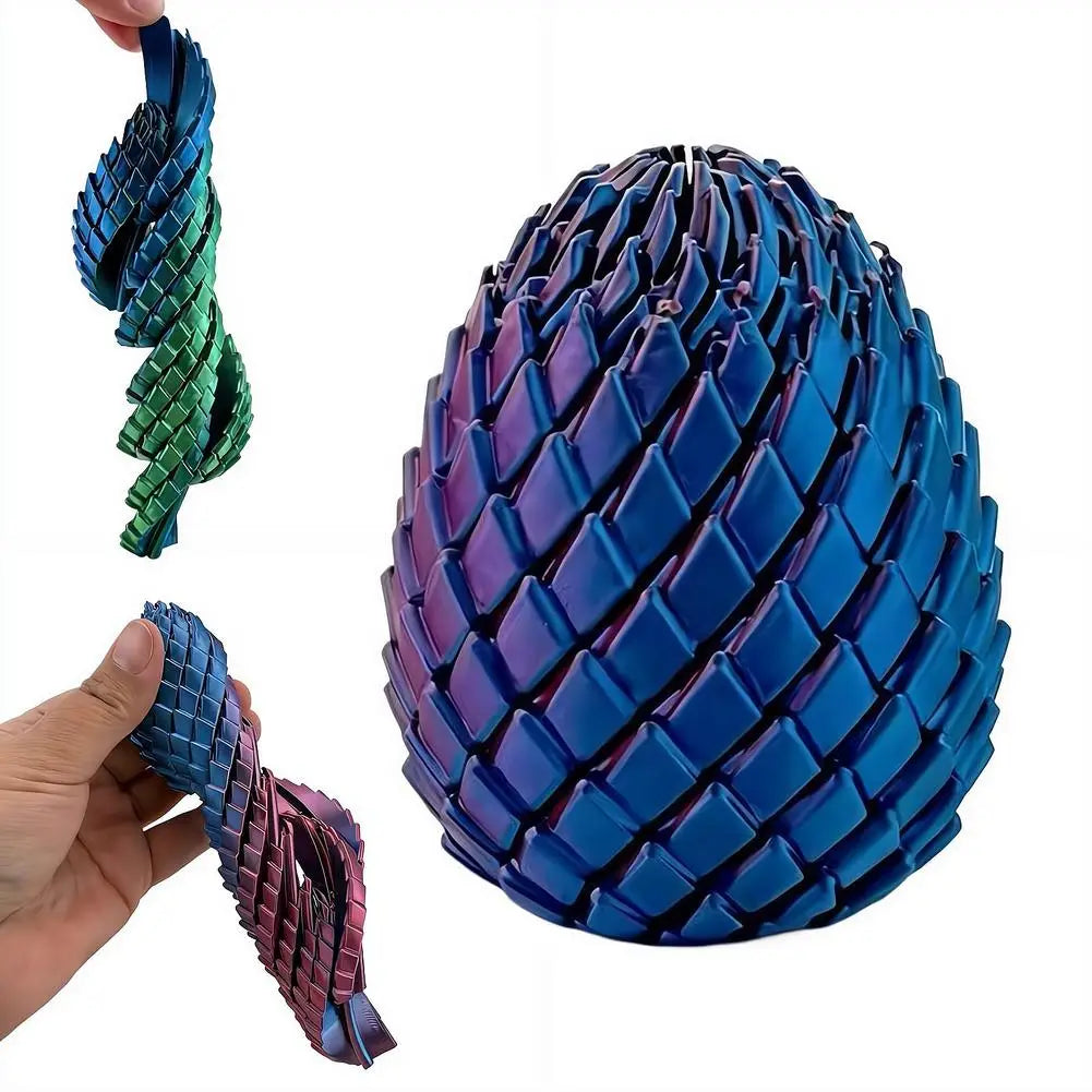 A sleek iridescent blue and purple metallic articulated dragon egg fidget toy with a segmented scale-like design shown from the front.