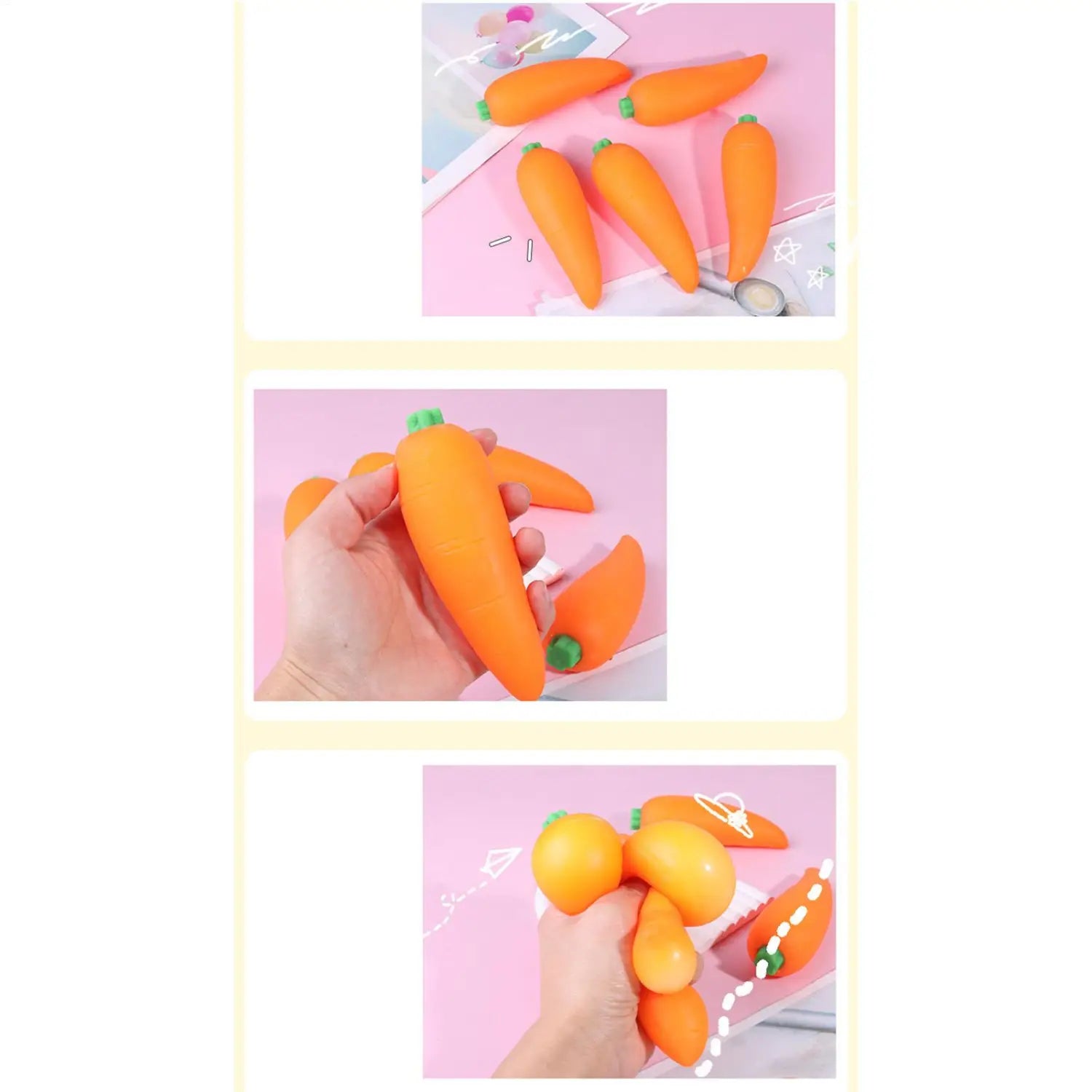 Juguetes exprimibles de silicona de rebote lento con forma de zanahoria naranja con partes superiores verdes mostrados desde el ángulo frontal