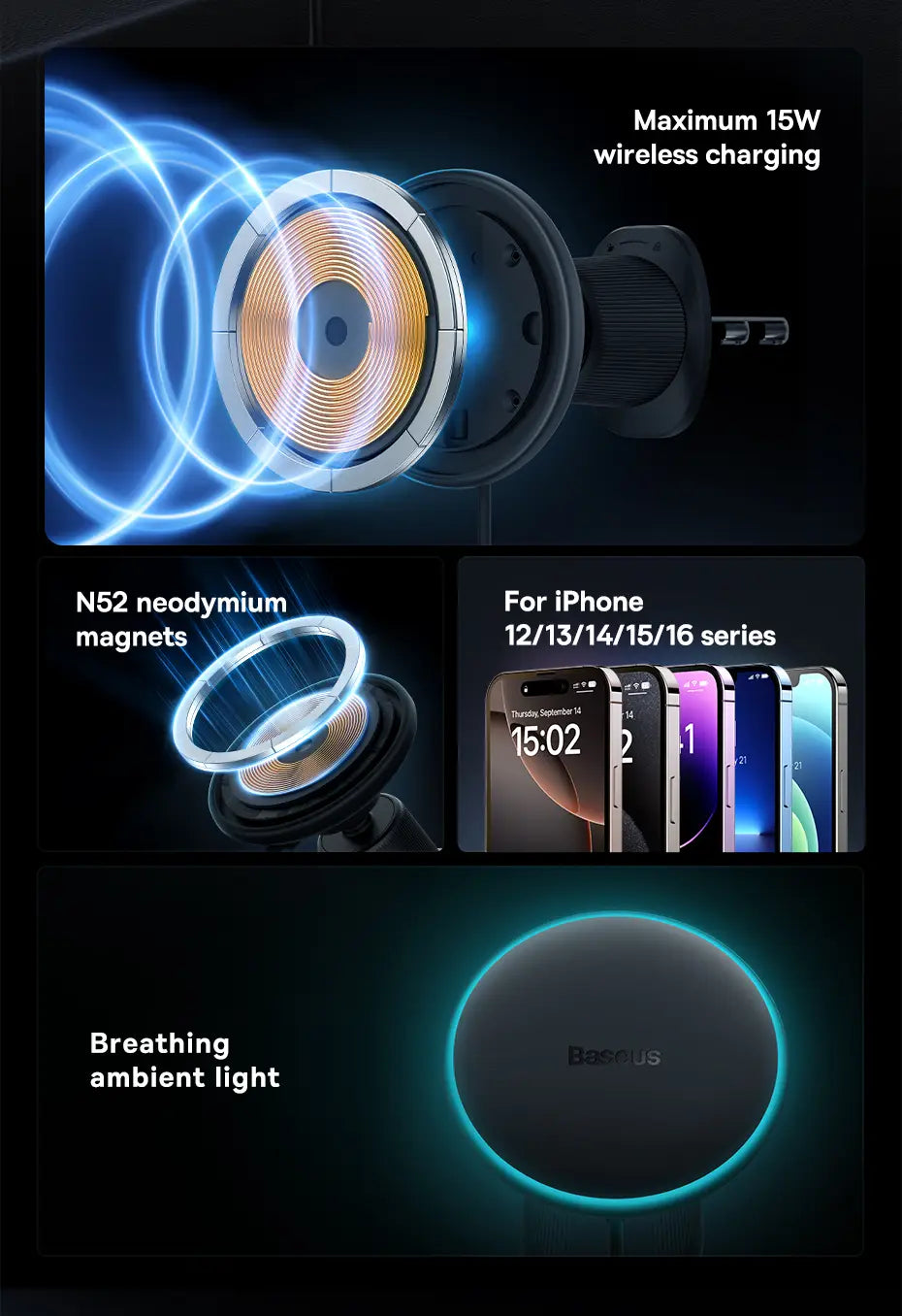 Cargador inalámbrico magnético Baseus negro circular con luz ambiental azul en funcionamiento para la carga inalámbrica en automóviles