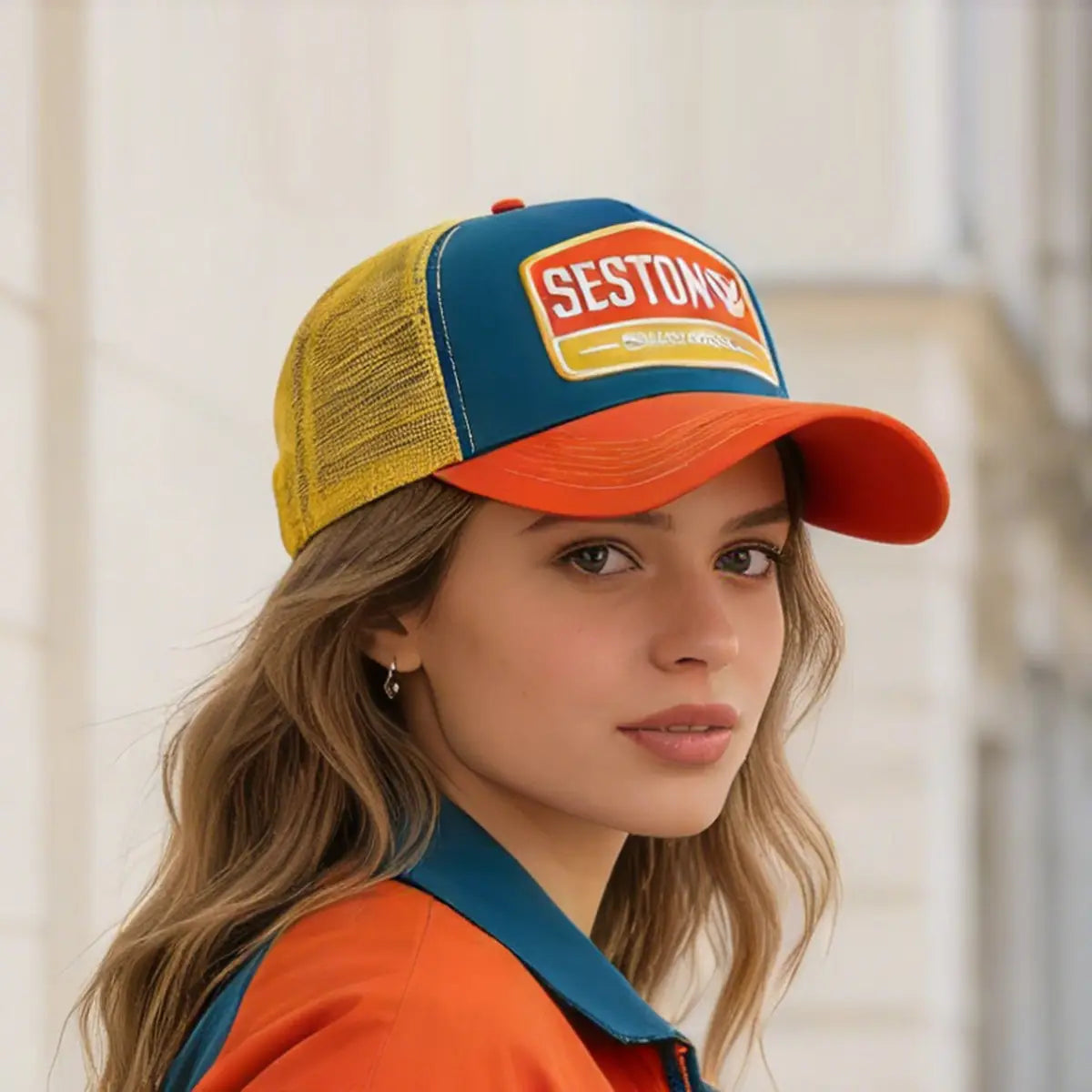 A vibrant multi-colored trucker hat with a blue front panel yellow mesh back and orange brim featuring a prominent Seston logo patch.