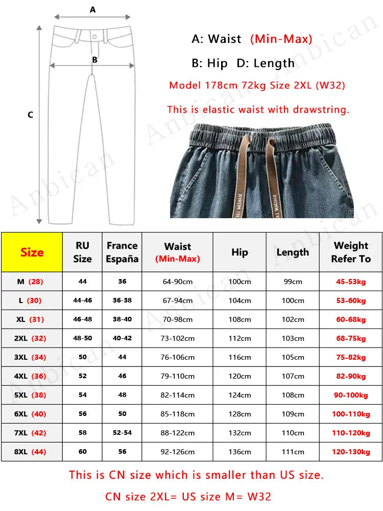 Jean cargo ample pour homme, grande taille, en denim bleu, avec taille élastique et fermeture à cordon.