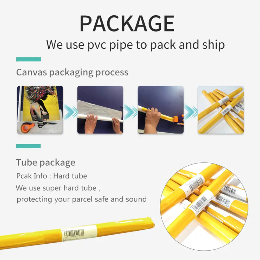 Des tubes d’emballage en PVC jaune avec des étiquettes blanches et des autocollants-barcode pour un autocollant-sticker d’affiche murale étanche de type classique animé Nana.