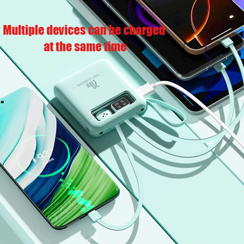 Portable 20W Power Bank Built-in 4 Cables Digital Display Mini External Battery with Lanyard Travel Charger for IPhone Huawei