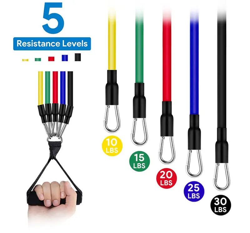 Lot de cinq bandes de résistance colorées avec poignées noires et mousquetons métalliques, étiquetées par poids en livres dans un ensemble de bandes de résistance 100 lb pour le matériel d’entraînement.