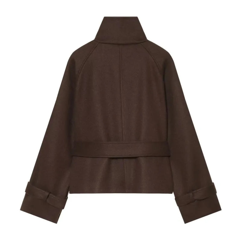 Women's winter jacket Double breasted lace up soft jacket Stand collar Belt decoration Jacket Casual Female Fashion Outerwear