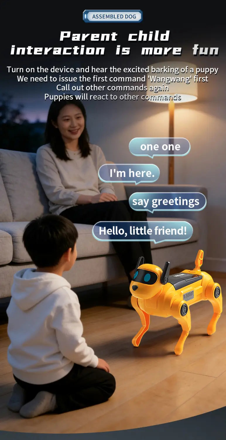 yellow abs plastic diy assembled dog robot toy from mainland china with wheels and black eyes designed to mimic a puppy’s behavior and respond to voice control