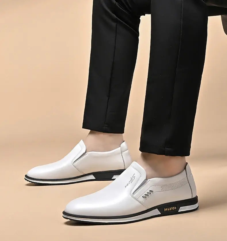Men leather slip on driving shoes casual loafers in white leather with black accents featuring a sleek modern design.