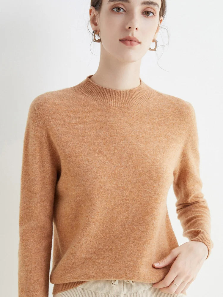 Women 100% Merino Wool Sweater For Autumn Winter  First Line Seamless Half-high Collar Pullover Basic Top OL Solid Soft Cashmere
