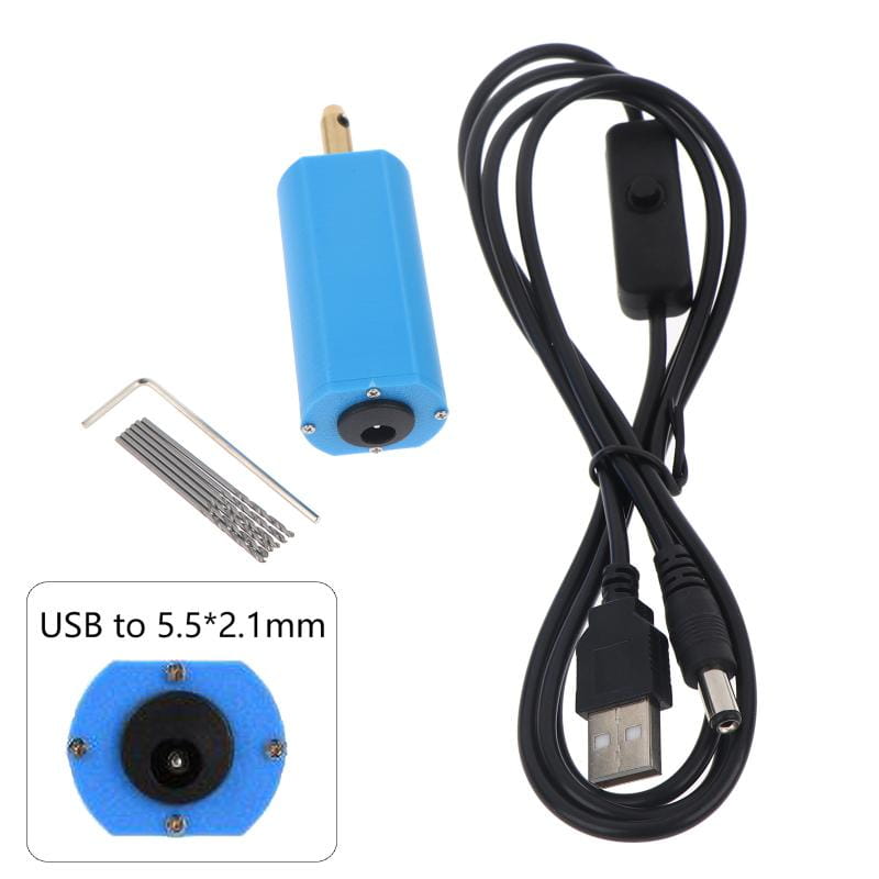 Mini USB electric hand drill in blue cylindrical design with black power cord and switch for jewelry resin DIY projects powered by USB.