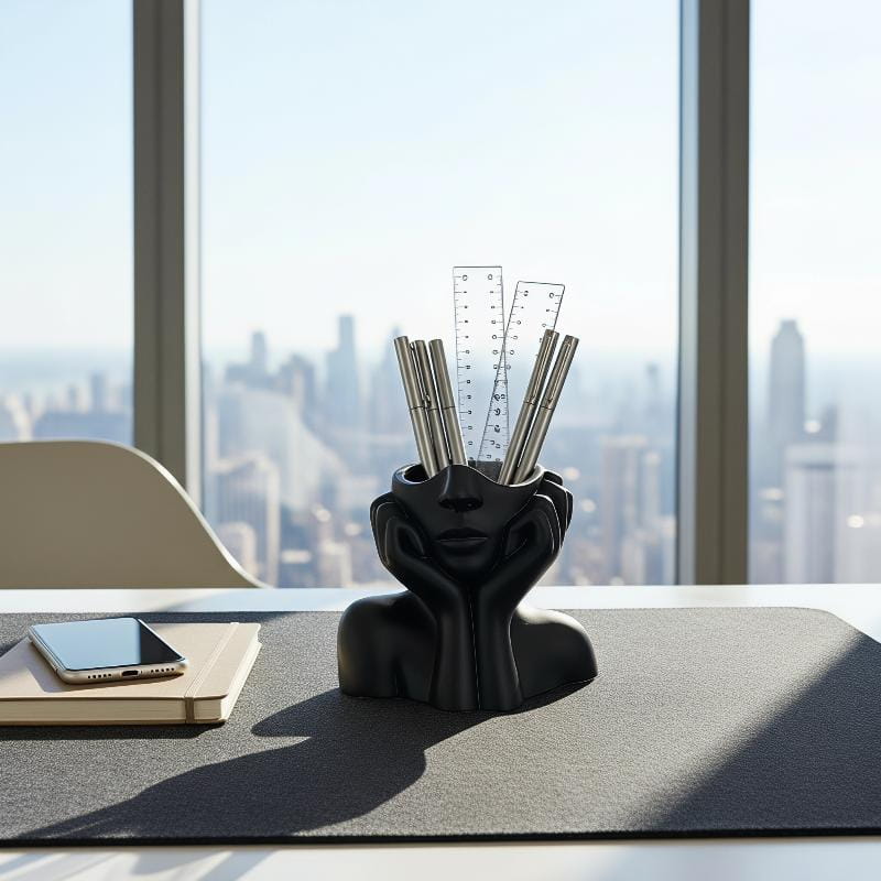 black ceramic desk organizer shaped like an abstract human bust with hands framing the face holding pens and rulers used as a makeup brush holder and ceramic vase