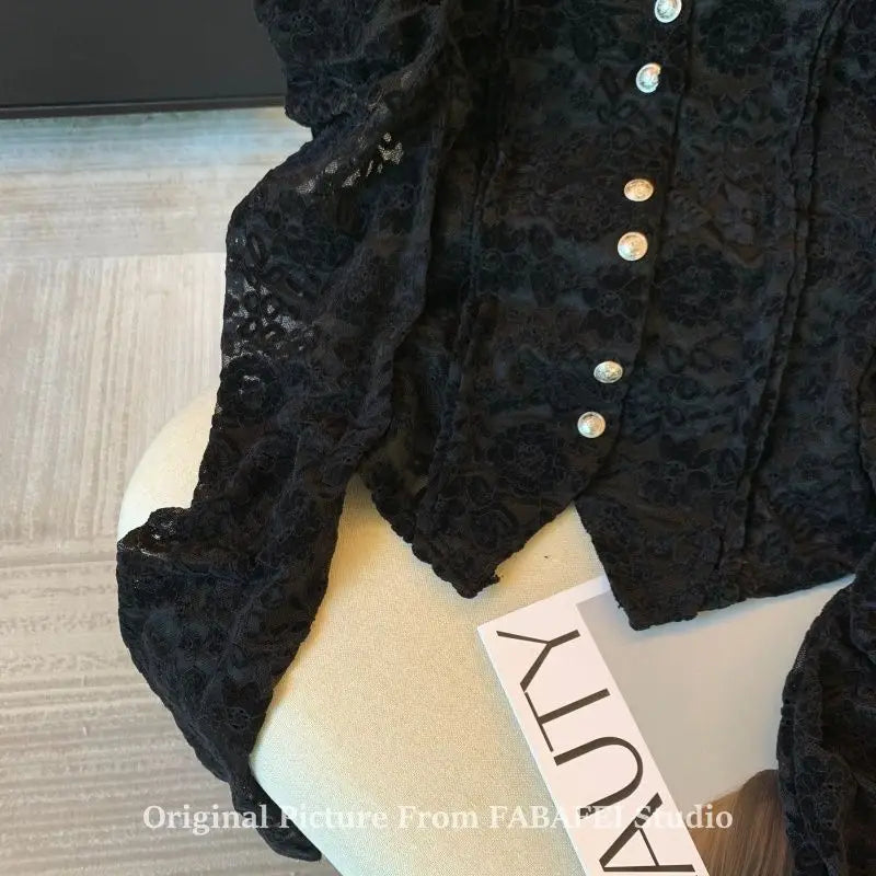 Woman Blouses Shirts & Blouses Lace Crocheted Bubble Sleeve Shirt Women's Spring Plus Velvet Padded  Semi-high Collar Blouse
