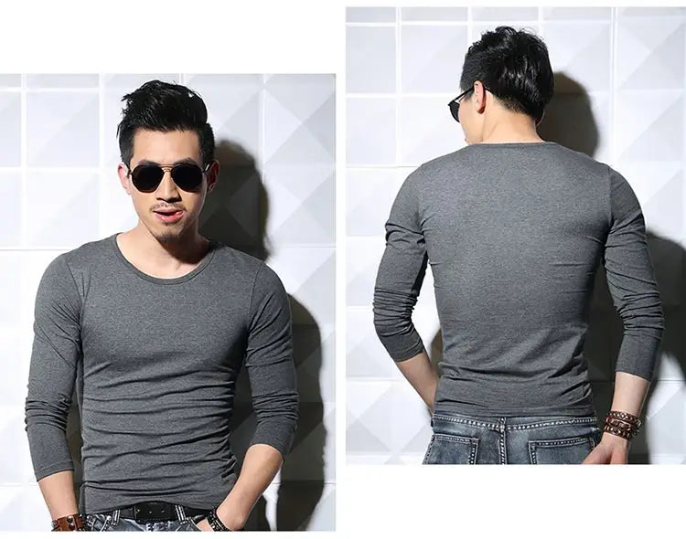 T-shirt homme à manches longues et coupe slim en gris, col rond et design ajusté, adapté aux tenues décontractées