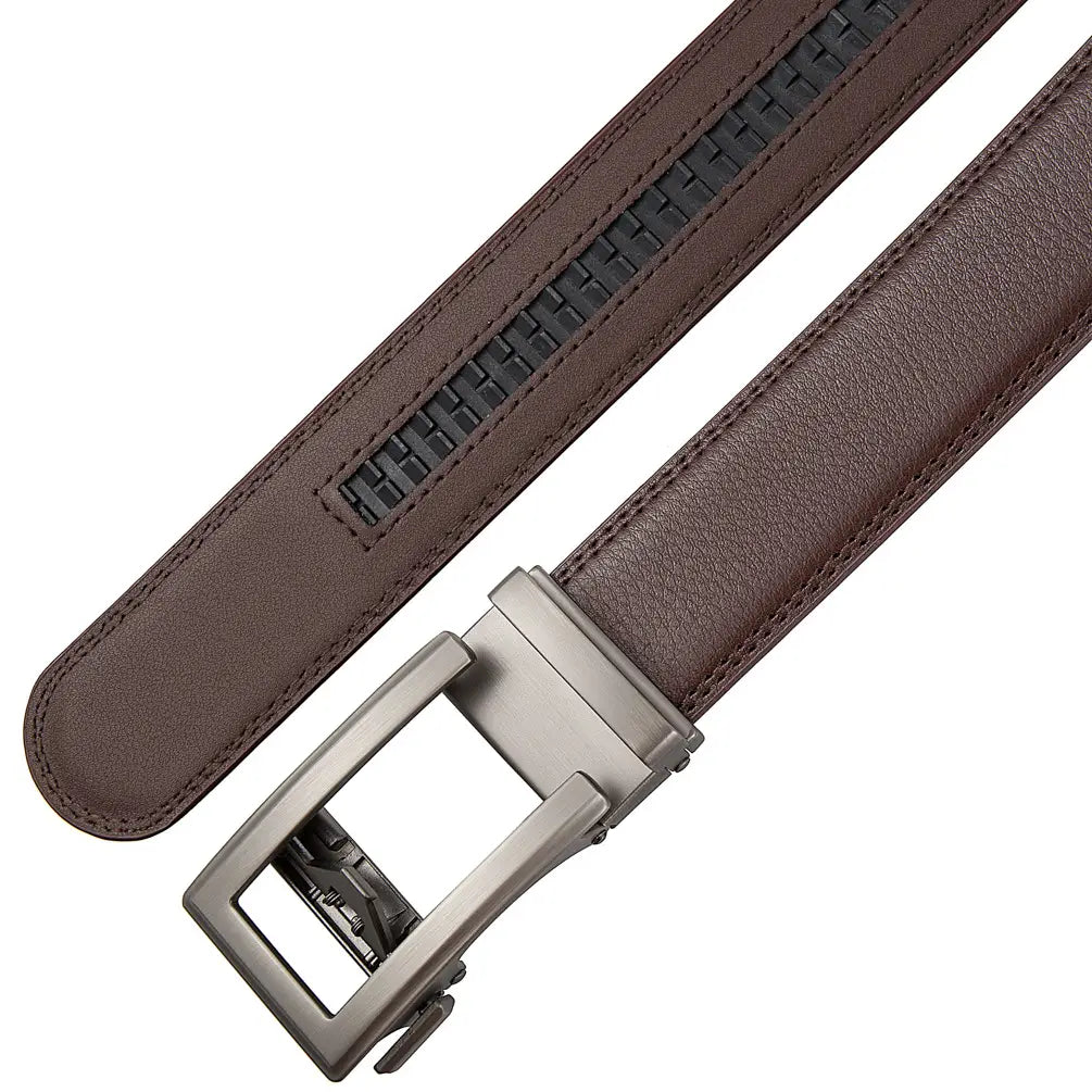 Mens automatic leather belt in brown with a textured woven stripe and sleek silver-toned automatic buckle for formal wear.