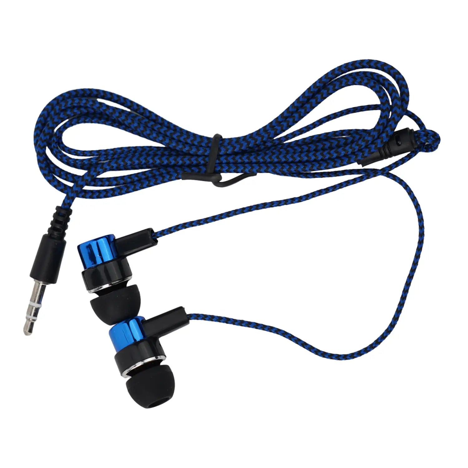 Écouteurs intra-auriculaires stéréo filaires pour basses avec des câbles tressés bleu et noir incrustés, des accents métalliques bleus sur le boîtier, et une prise jack 3,5 mm.