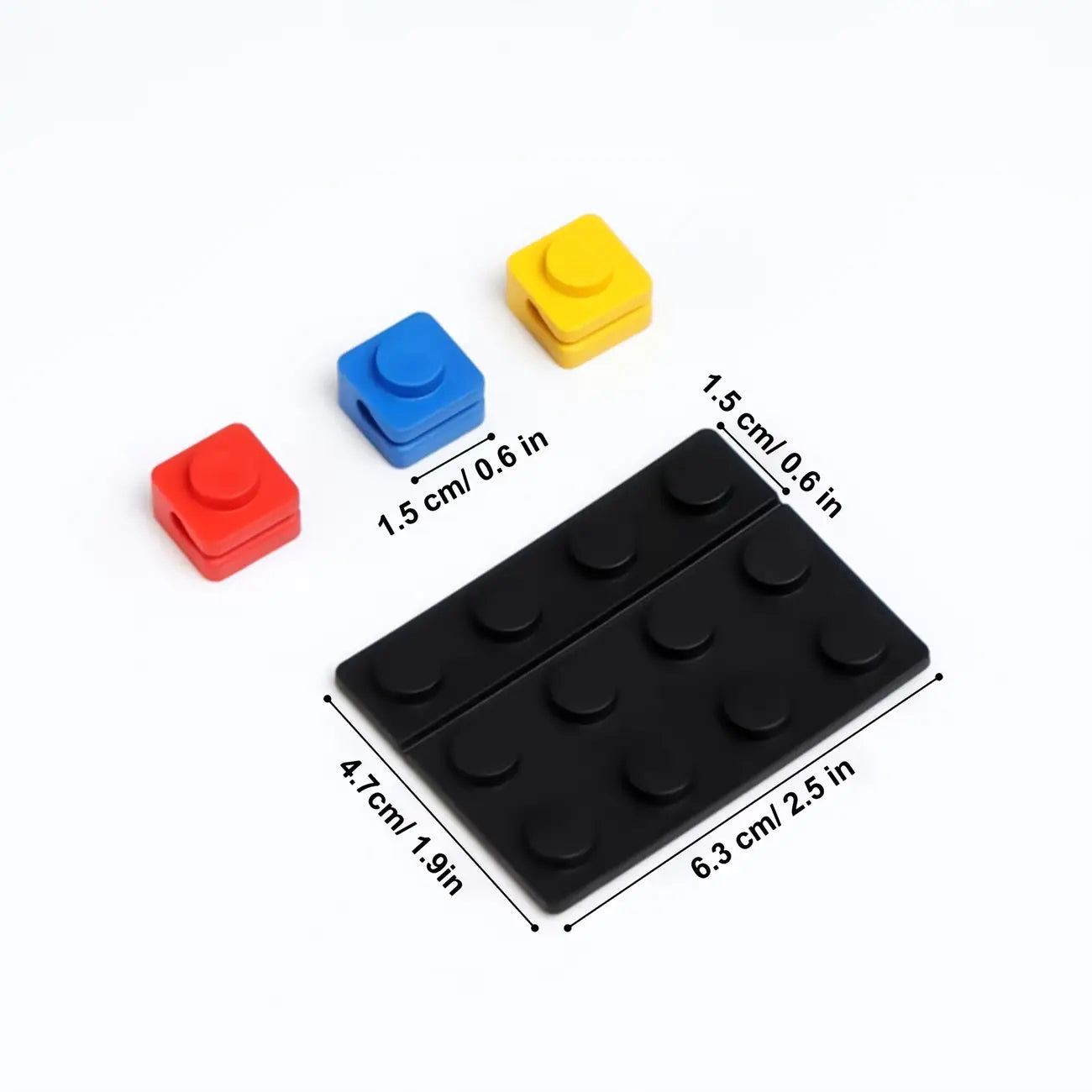 modular brick cable organizer 2 sets featuring black plastic lego-compatible bricks with rounded studs and snap-on caps in red blue and yellow for cable management.