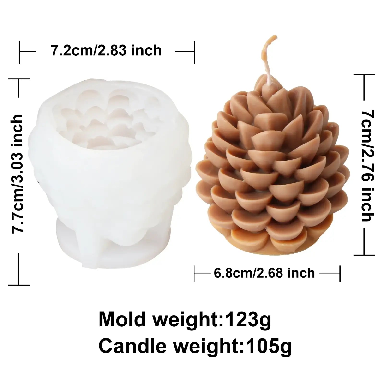 White silicone pinecone candle mold next to a brown textured pinecone candle for diy candle making and home decor