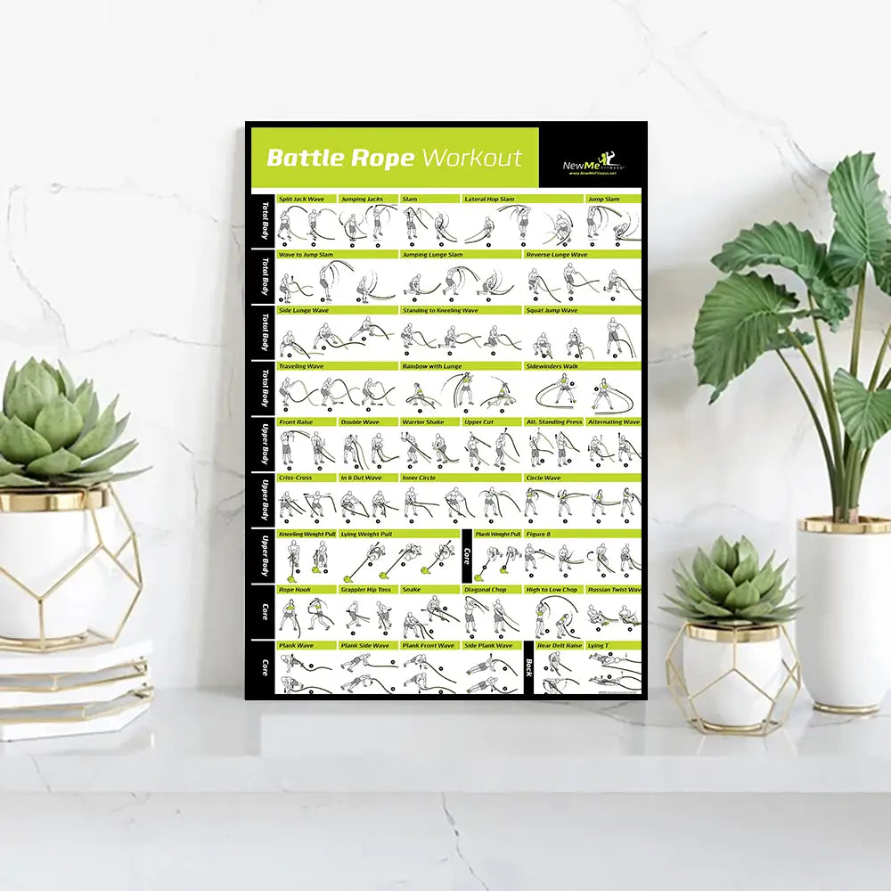 Bright green and black battle rope workout instructional poster from newme fitness featuring illustrated exercise moves on a Pilates exercise chart canvas wall art fitness poster.
