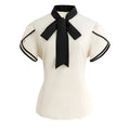 Women's Chic Basic Blouse Spring Summer Cream White Black Bow Tie Neck Puff Short Sleeve Valentine's Day Elegant Office Wear Top