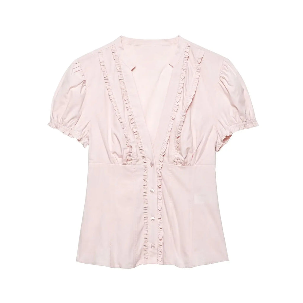 HH Casual Women's Layered Embellished Poplin Shirt Summer Female Chic V-Neck Striped Puff Sleeve Single Breasted Short Blouse