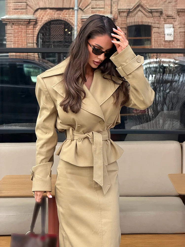 Women Short Trench Co‑ord Outfit Notched Collar Waist Tie Jacket High Waist Midi Skirt Set Trendy Daily Going Out Ofdice Outfit