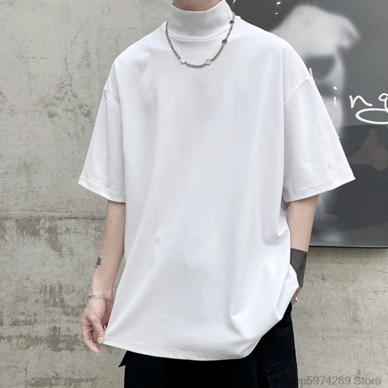 2024 Men Tshirt Solid Streetwear Turtleneck Hip Hop Male Oversized T Shirts Man Casual Short Sleeve Top Tees Black/White/Purple