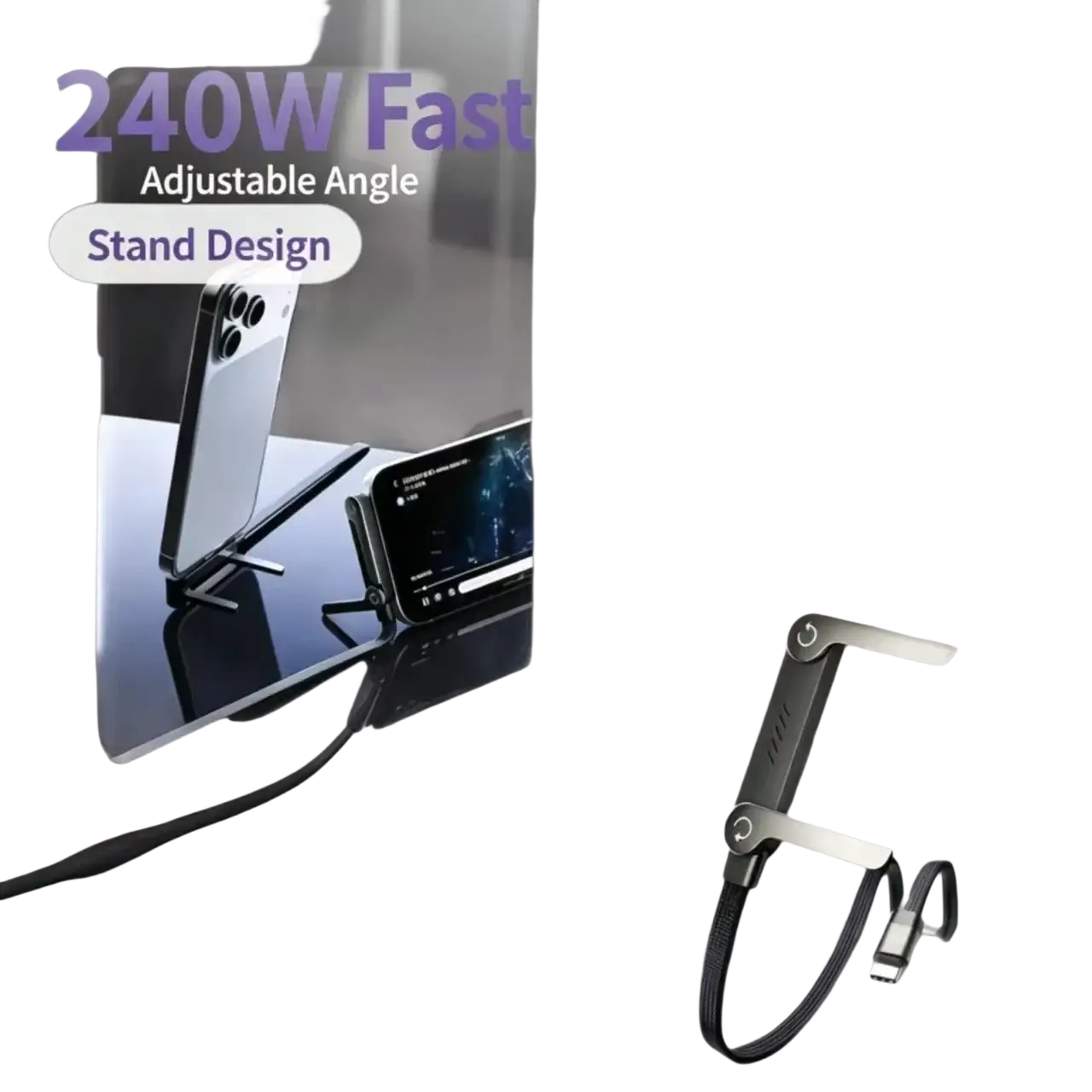Un support de téléphone réglable noir et argent, associé à un câble de charge rapide de 240 W, présenté sous un angle frontal.