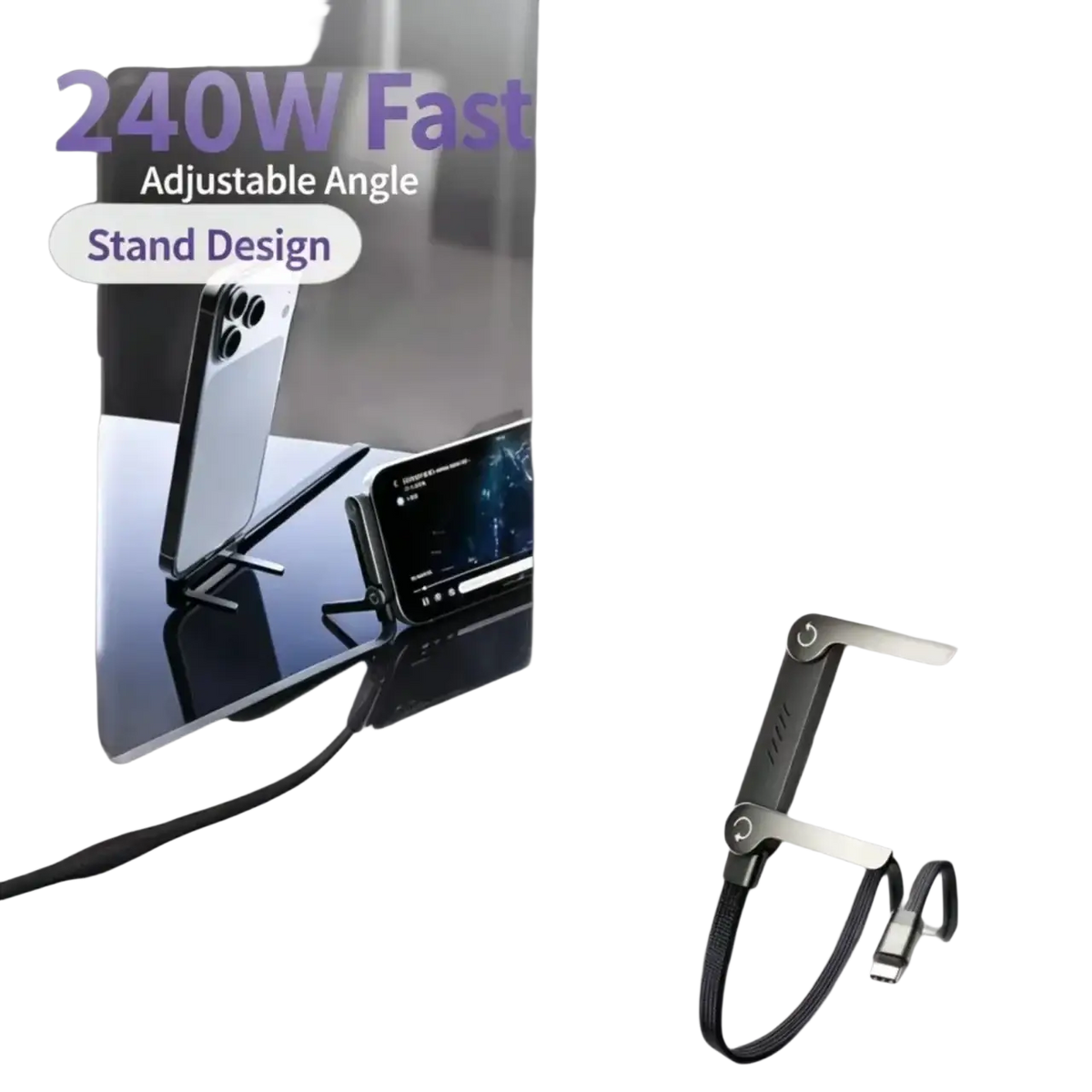 Black and silver adjustable phone stand with 240w usb-c fast charging capability shown from front angle