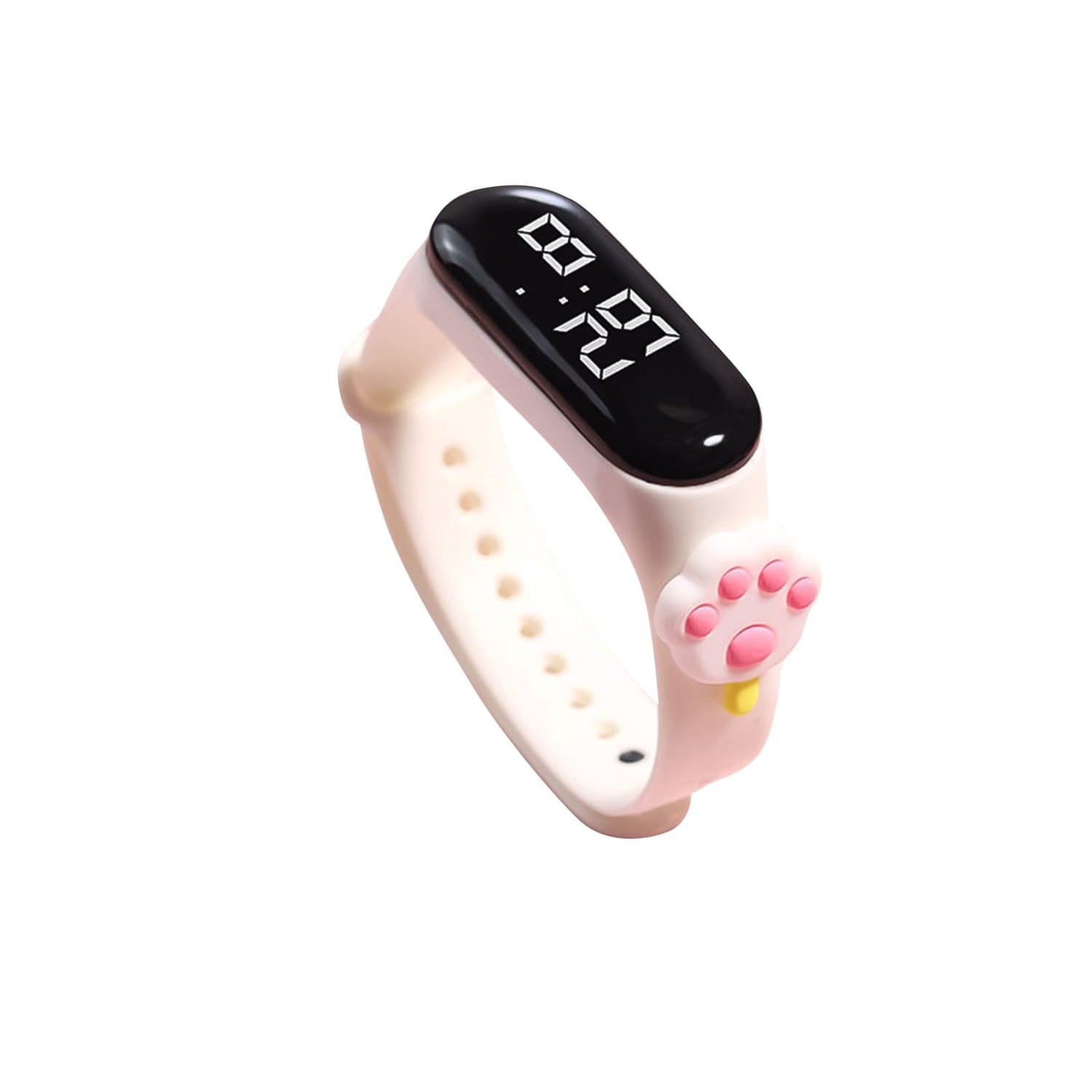 Pink kids silicone digital watch with life waterproof material type, featuring a black digital display and a pink paw print charm.