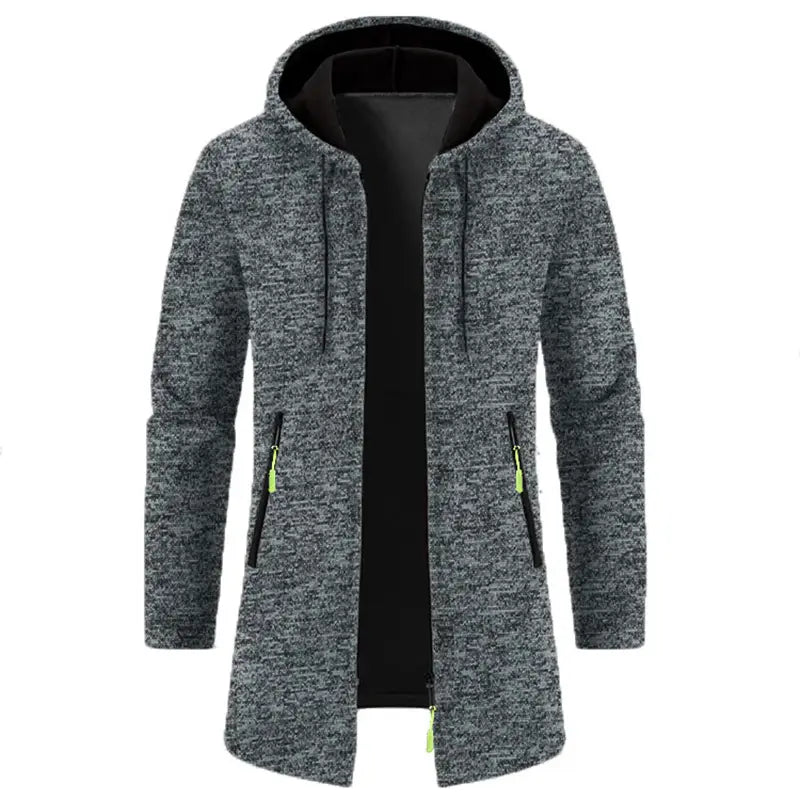 Sudadera con cremallera extragrande para hombre en tejido jaspeado gris, con forro interior negro y tiradores de cremallera verde neón, adecuada para vestir en invierno