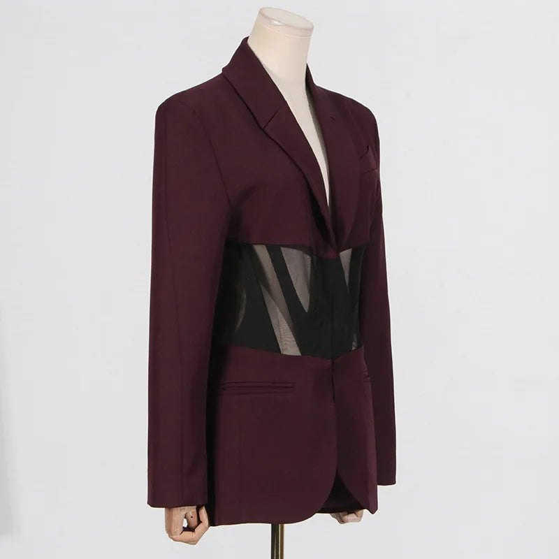 HOTCIAL Fashion Women Blazer Notched Collar Full Sleeve Hidden Breasted Lace Patchwork Waist Black Jacket Autumn 2025 New