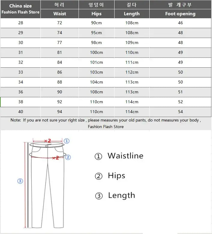 Size chart for men’s flared denim jeans bootcut casual black pants from fashion flash store showing measurements in centimeters for waist hips length and foot opening.