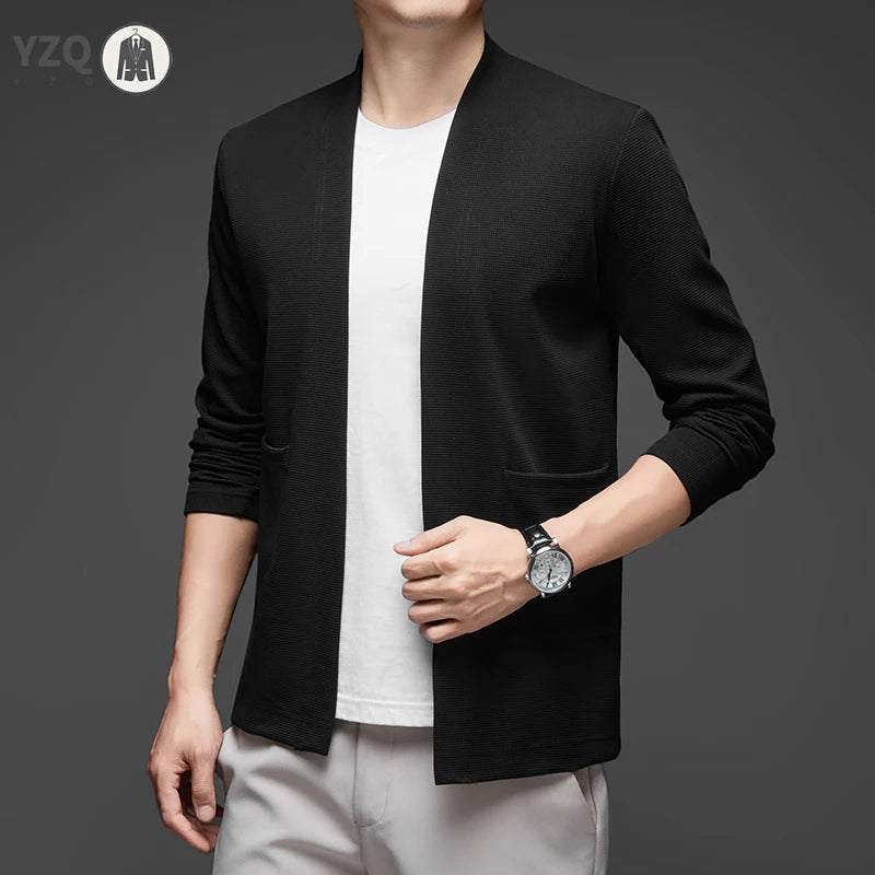 New Men's Business Casual Long Sleeved Solid Color Cloak Jacket Knitted Comfortable and Fashionable All Season Versatile Top