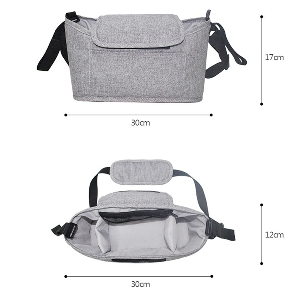 Kinderwagen-Organizer-Tasche aus grauem, strukturiertem Stoff mit schwarzen verstellbaren Tragegurten und Vordertasche für universelle Kinderwagen-Aufbewahrung.
