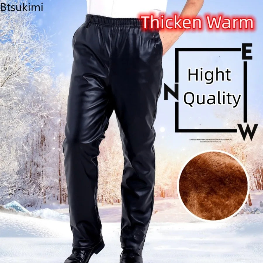 New Men's Leather Pants Business Casual PU Leather Trousers Autumn Winter Outdoor Thicken Warm Windproof Motorcycle Riding Pants