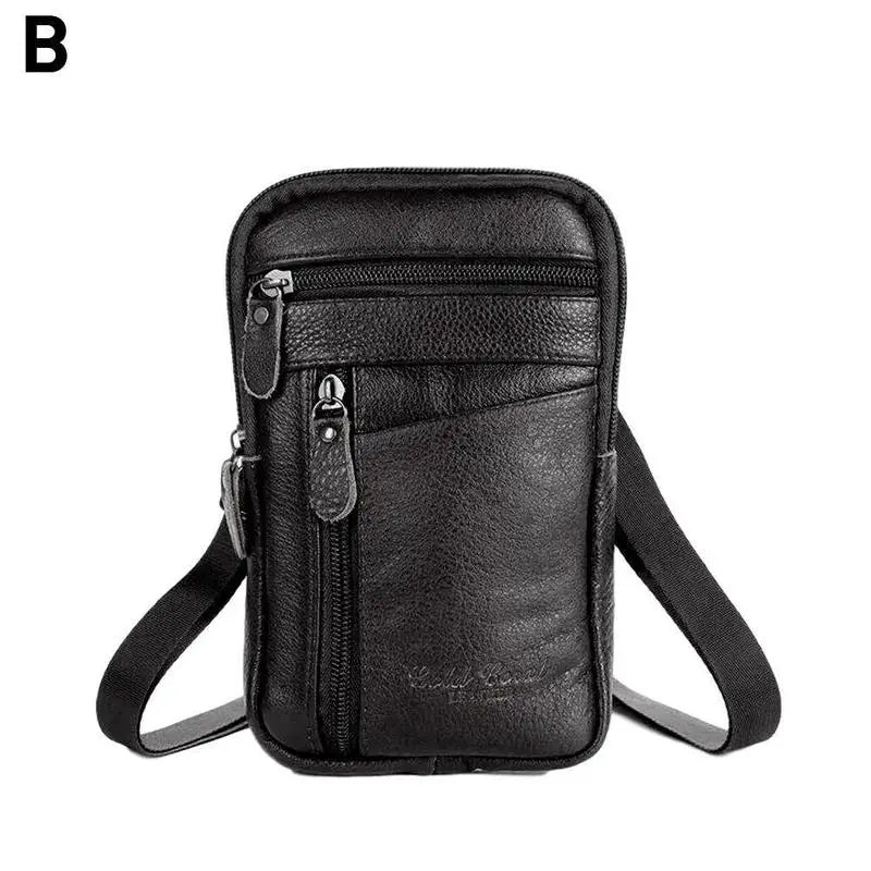 schwarze Ledergürteltasche für Herren mit mehreren Reißverschlüssen und strukturierter Oberfläche, entworfen als bequeme Gürteltasche und Umhängetasche für das Mobiltelefon