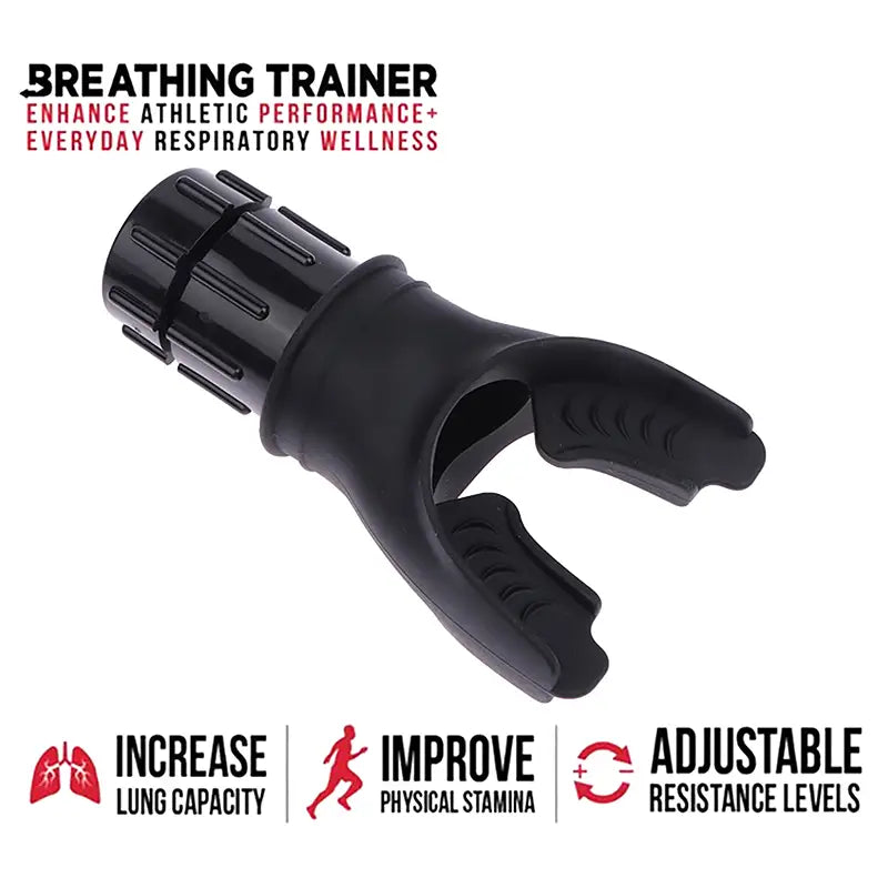Black plastic lung capacity training device with textured grip and adjustable resistance levels for respiratory fitness.